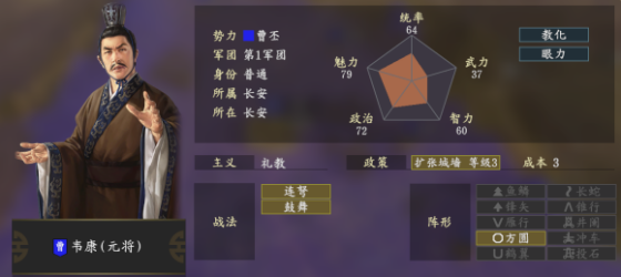 三国志14韦康五维属性介绍