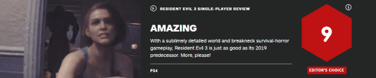 惊险保管恐怖游戏《生化危机3：重制版》IGN评分