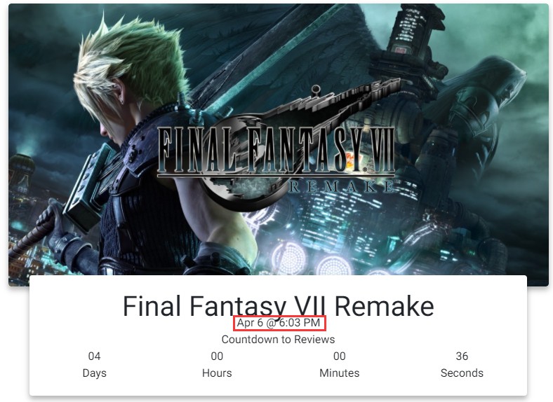 《最终幻想7：重制版》评分将于4月6日解禁
