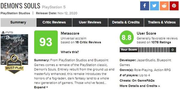 《恶魔之魂：重制版》M站均分93分 游戏完美重制