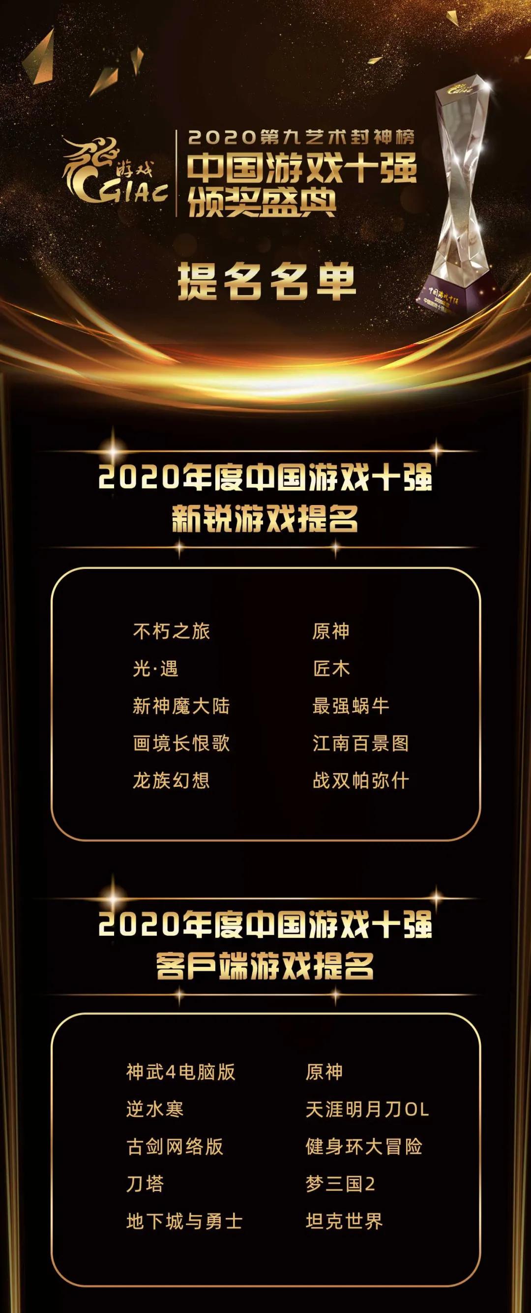 2020年度中国“游戏十强”评选提名名单