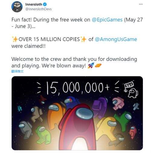 开发商透露《Among Us》在Epic限免期间送出超1500万份