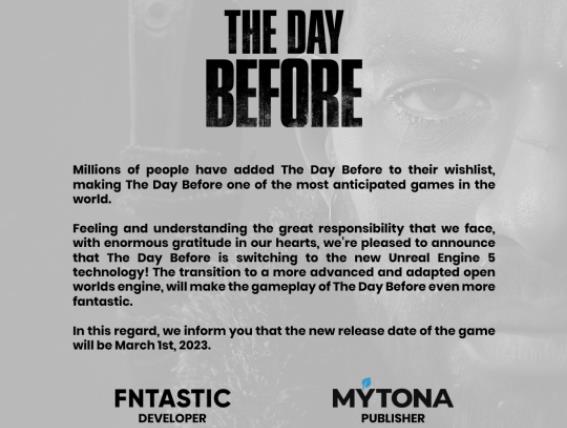 《浩劫前夕》开发商宣布游戏发售日期跳票至2023年3月1日