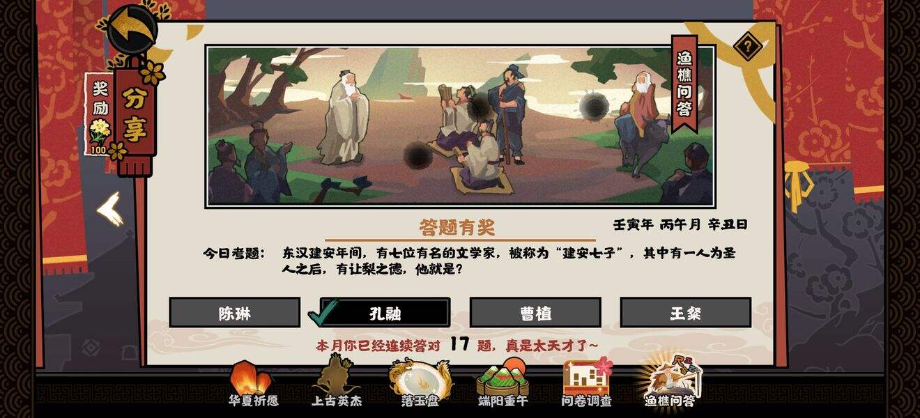 《无悔华夏》建安七子有让梨之德的是谁 渔樵问答6.17答案分享