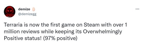 《泰拉瑞亚》成为Steam平台首个超过百万评论的游戏