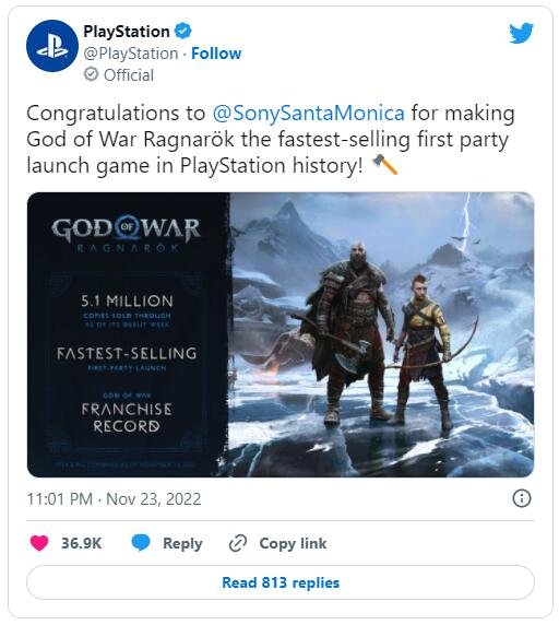 《战神5》首周销量510万套！打破第一方游戏首发销量纪录！