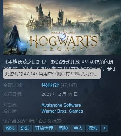 口碑销量双丰收！《霍格沃茨之遗》评价数暴增3万仍有93%好评率！