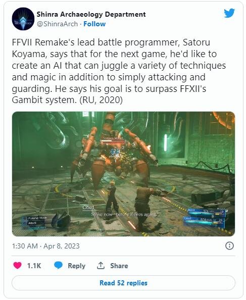 《最终幻想7：重生》战斗系统目标是超越《FF12》“Gambit系统”