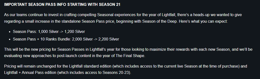 Bungie宣布：《命运2》从21赛季开始 将提高季票价格