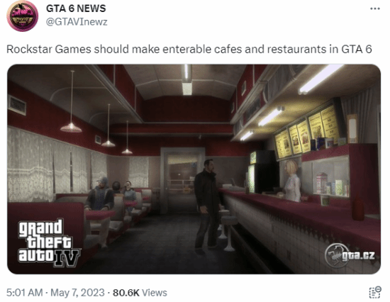 玩家希望《GTA6》有可进入的咖啡馆 像4代一样