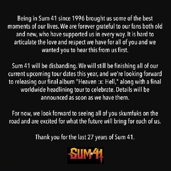 加拿大摇滚乐队Sum 41宣布解散 乐团成立已27年