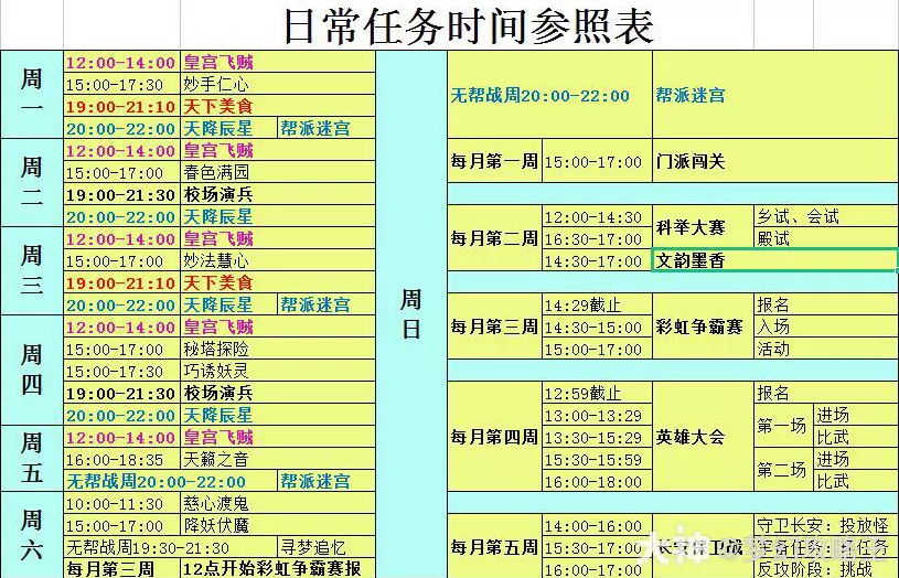 梦幻西游日常任务时间表