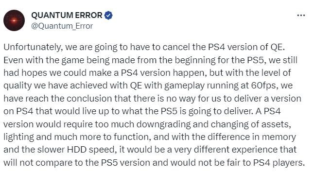 《量子误差》官宣取消PS4版本并解释原因 未来将登陆PC