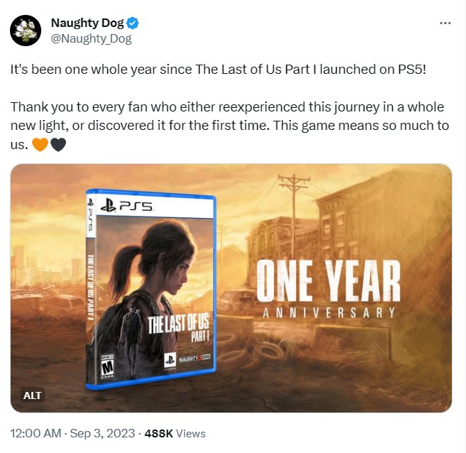 PS5版《最后生还者：重制版》发售一周年 顽皮狗官方发文感谢玩家