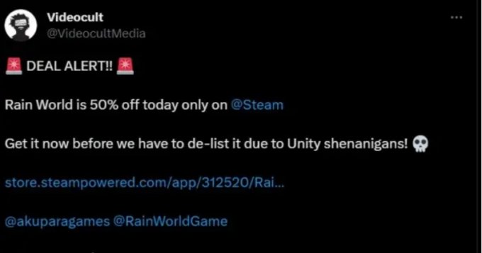 2D像素平台保管游戏《雨的世界》受Unity收费事件影响或将下架