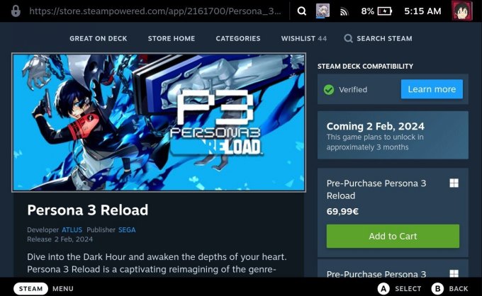 《女神异闻录3 Reload》现已通过Steam Deck验证