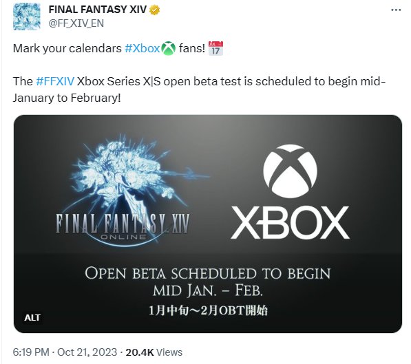 《最终幻想14》Xbox版公开测试将于明年初开启