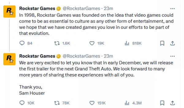 R星官宣12月初公开《GTA6》首支预告片