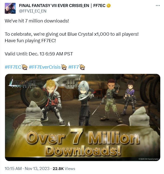 《最终幻想7：永恒危机》手游全世界下载量已破700万次！