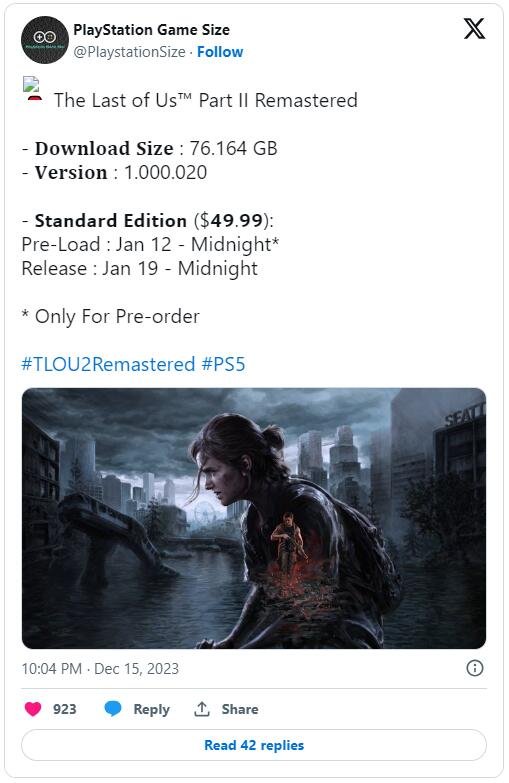 《最后生还者2 复刻版》容量暴光 将于2024年1月19日发售