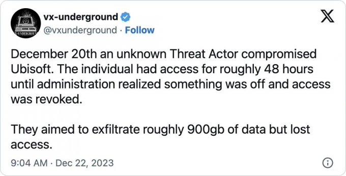 育碧正在调查本次数据安全事件 约900GB数据被窃取