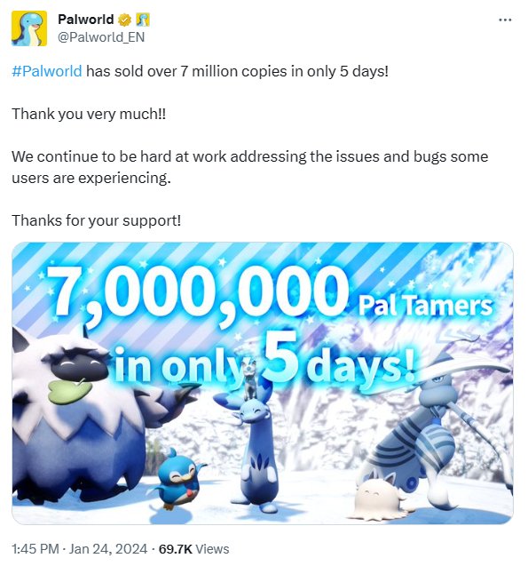 《幻兽帕鲁》发售5天内销量破700万份 销售速度超《宝可梦：阿尔宙斯》