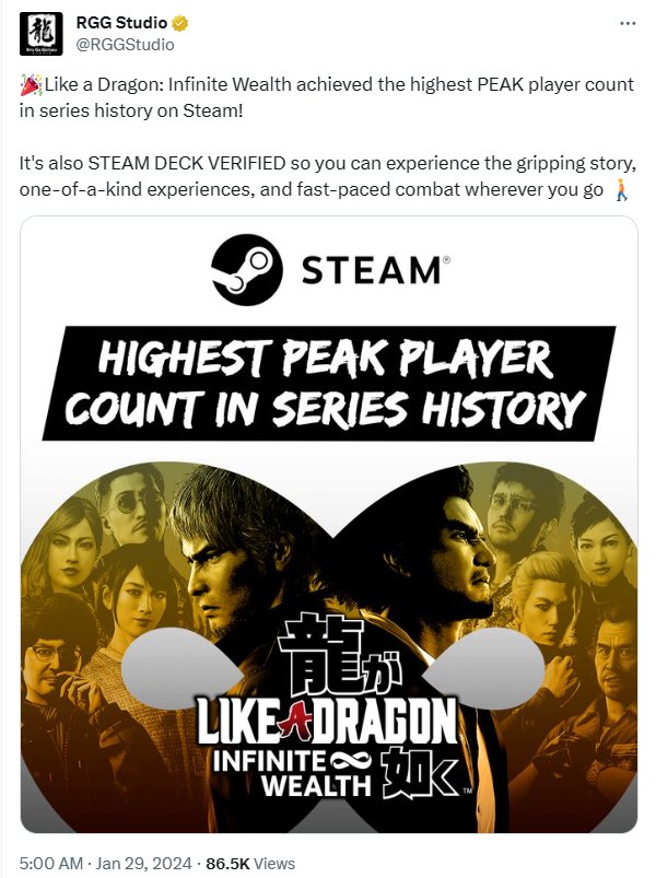 《如龙8》Steam在线玩家峰值为系列历史最高！