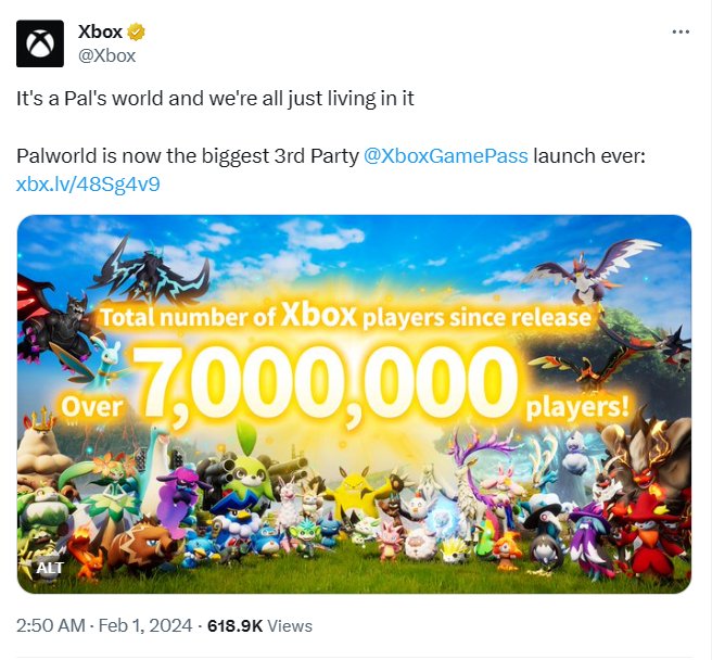Xbox官方发文恭喜《幻兽帕鲁》成XGP发行规模最大的第三方游戏