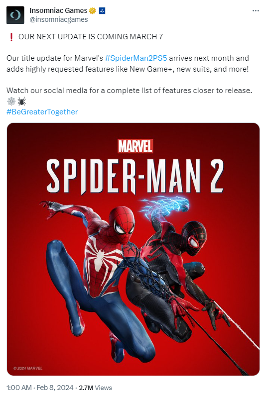 《漫威蜘蛛侠2》将于3月7日更新 添加新游戏+、新战衣等内容