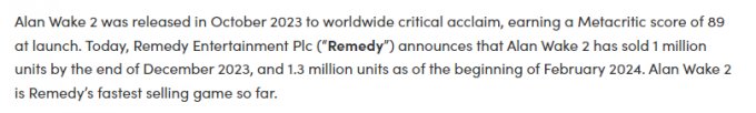 《心灵杀手2》截至2月初销量超130万 成Remedy公司史上销售最快游戏