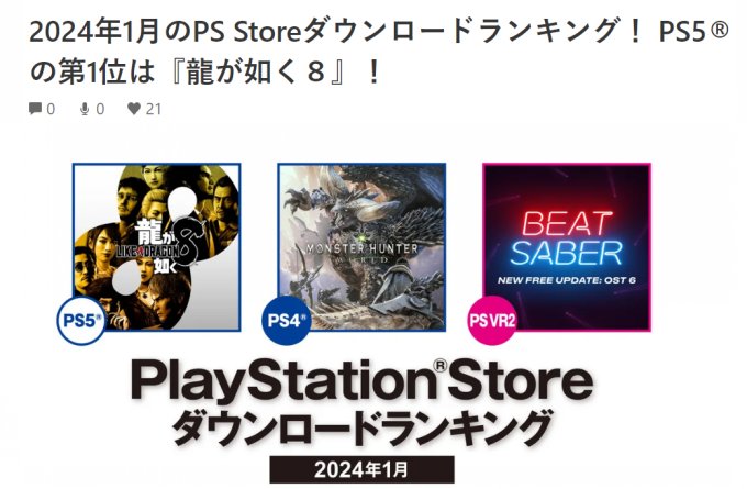 《如龙8》是1月PS商店日本地区下载量第一的游戏！