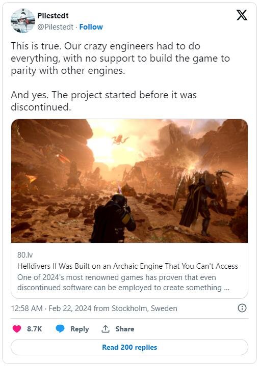 《绝地潜兵2》开发商透露 是用已被淘汰的游戏引擎制作的