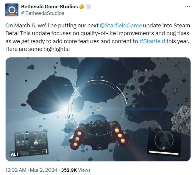 <b>《星空》3月6日更新将改进游戏体验和修复bug</b>