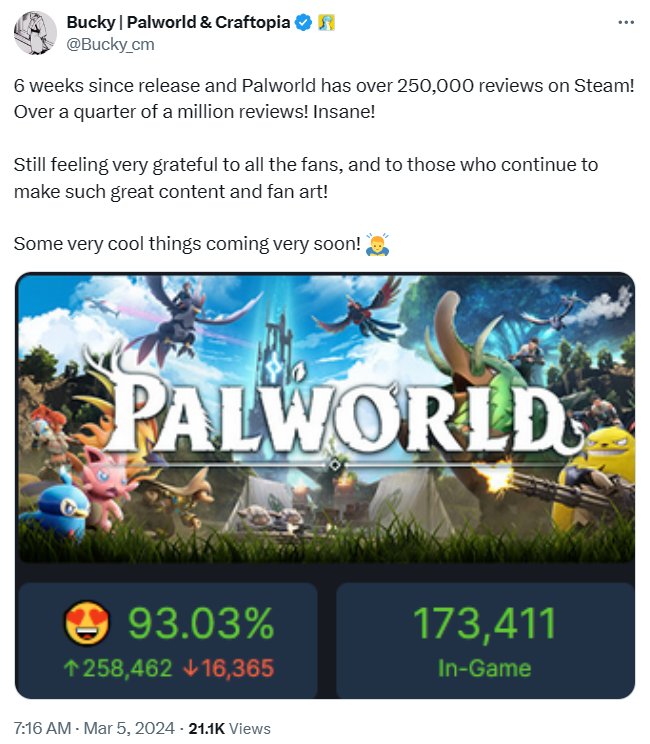 《幻兽帕鲁》好评数超25万条 社区经理发文感谢玩家支持