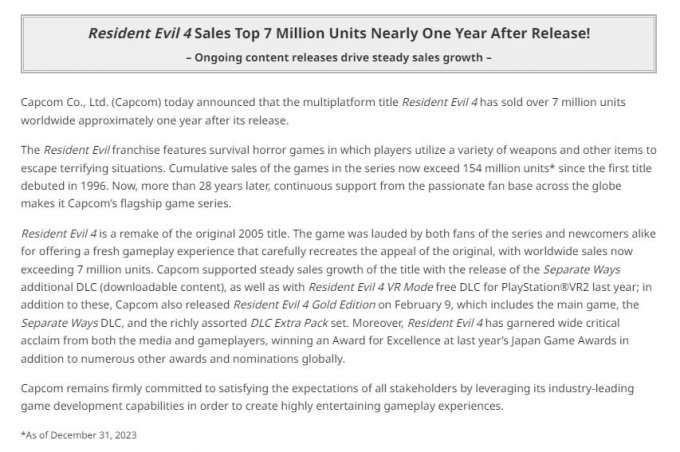 《生化危机4：重制版》全世界销量已达700万份！