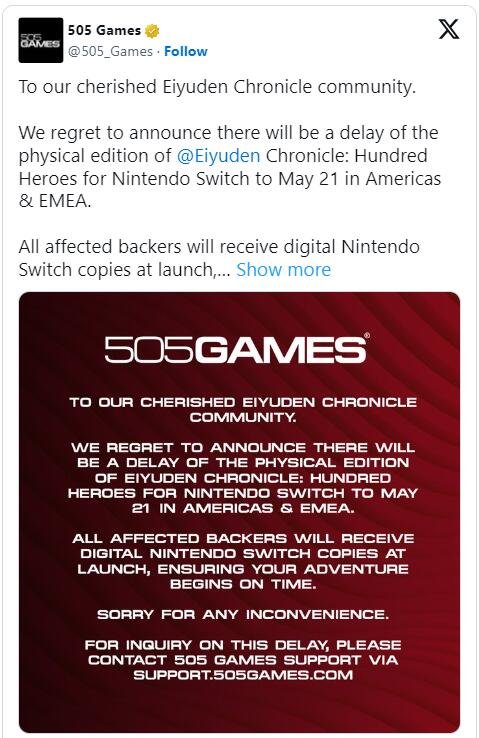 《百英雄传》Switch实体版延期至5月21日发售