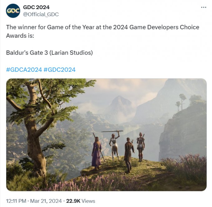第四个“大满贯”游戏！《博德之门3》获2024年GDC年度最佳游戏