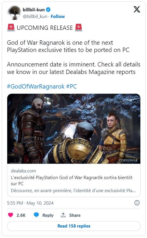 爆料：索尼将在5月公布PC版《战神5》消息
