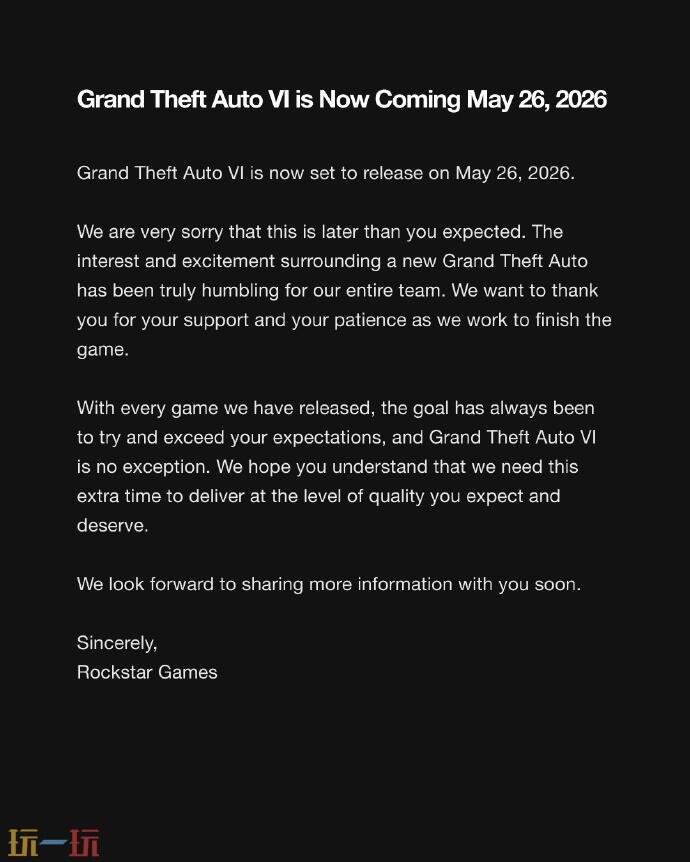 R星宣布《GTA6》发布推迟 将于明年5月26日发布