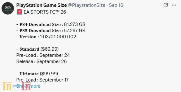 《EA Sports FC 26》PS5版容量约57GB 9月26日发售