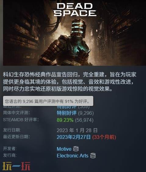 Steam特别好评游戏《死亡空间重制版》1.5折新史低！