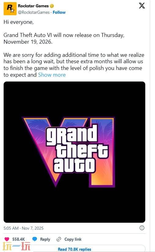 R星官宣《侠盗猎车手6》将于2026年11月19日发售!