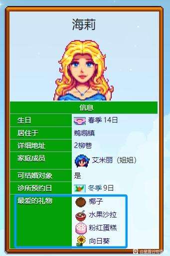 星露谷物语海莉喜欢什么礼物
