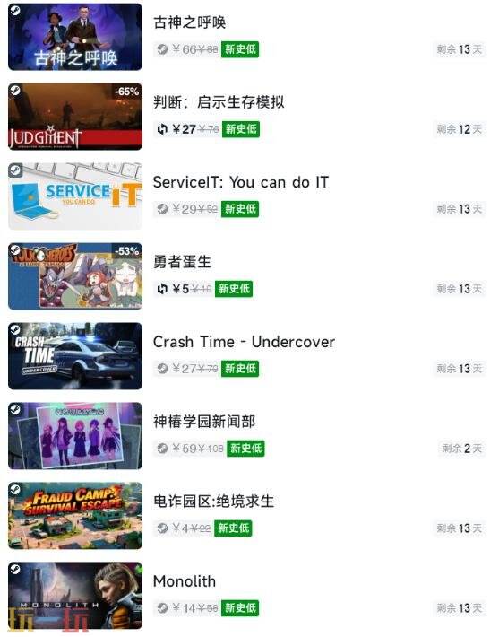 Steam今日史低游戏分享!7月10日史低佳作推荐